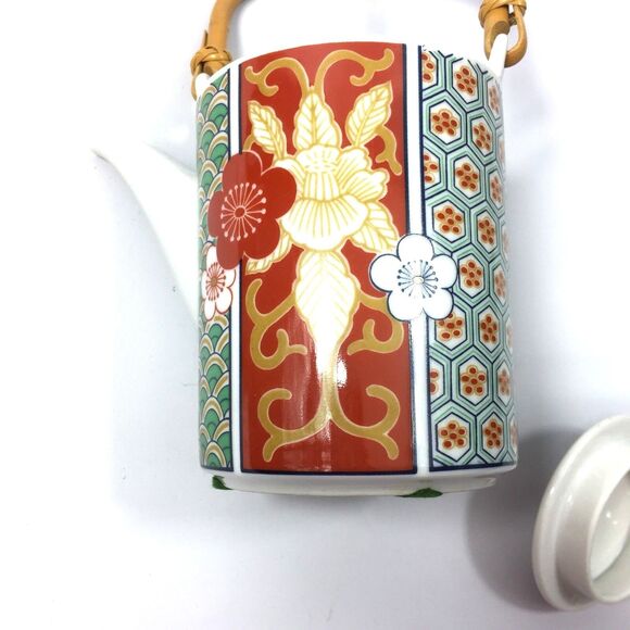 Oriental Teapot & 4 Tea Cups Green Red Blue Floral Gold Rattan Handle Home Decor - Picture 10 of 13